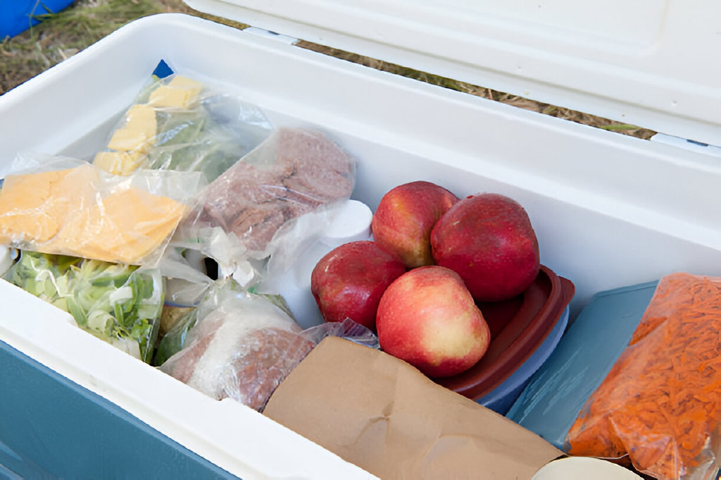 camping cooler filled with picnic food